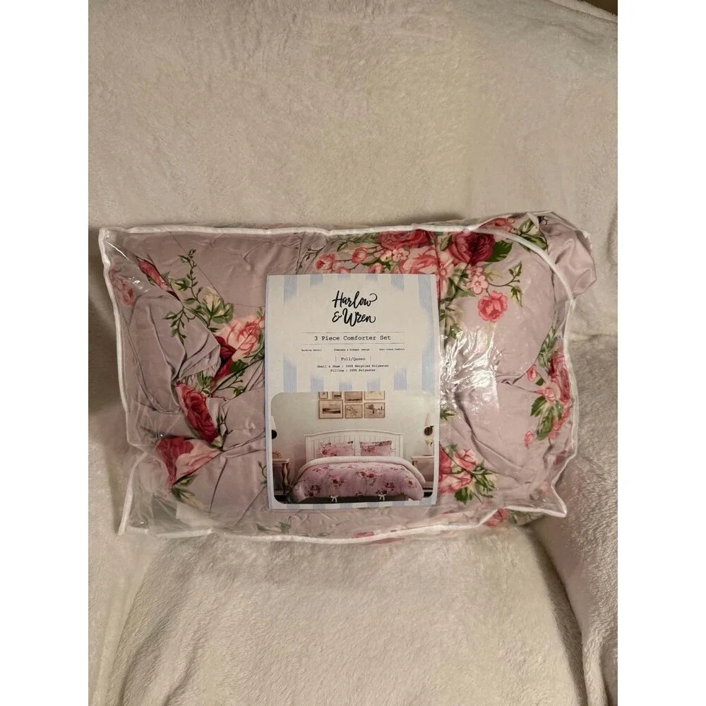 Full Queen Ruched Comforter Set Pink Floral Bedding Bedroom Decor New